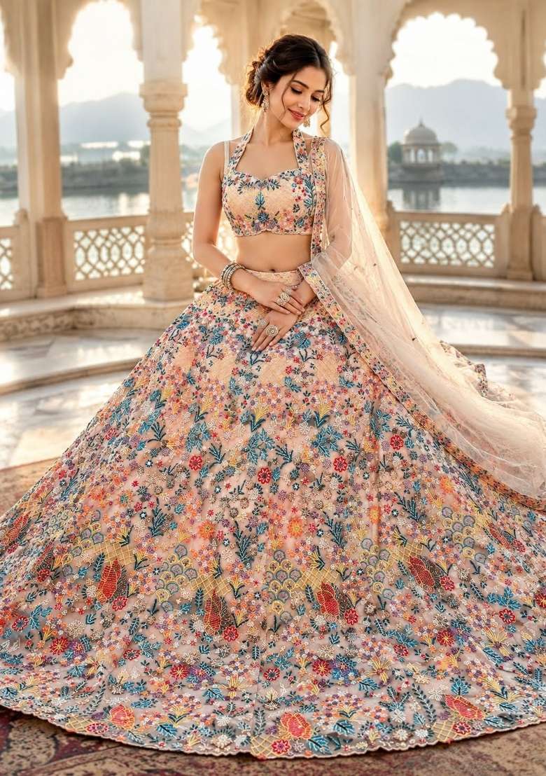 Multicolor Embroidery Net Lehenga Set - Indya