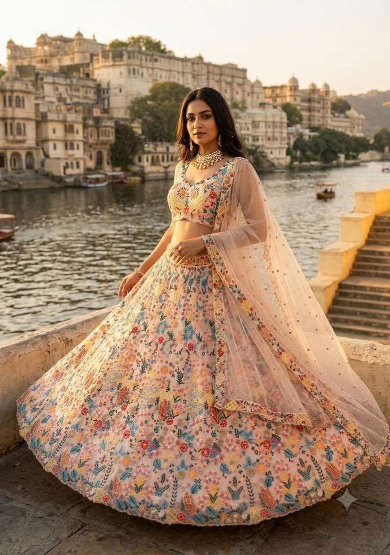 Multicolor Embroidery Net Lehenga Set - Indya