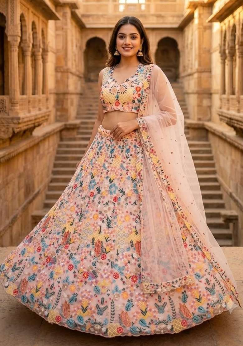 Multicolor Embroidery Net Lehenga Set - Indya