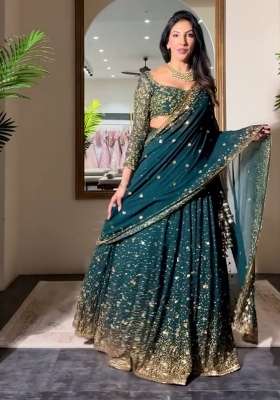 Green Embroidery Georgette Lehenga Set for Diwali and Festive Wear