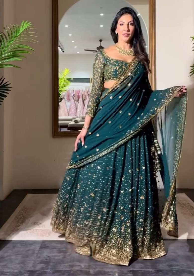 Green Embroidery Georgette Lehenga Set for Diwali and Festive Wear - Indya