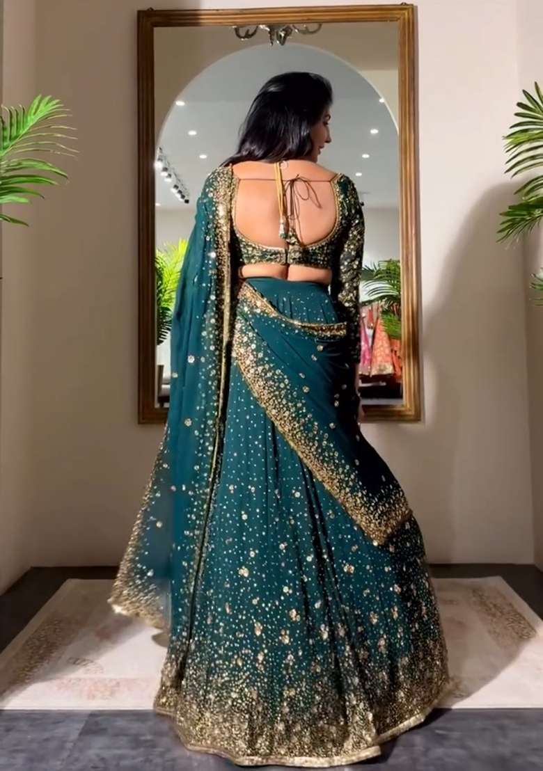 Green Embroidery Georgette Lehenga Set for Diwali and Festive Wear - Indya