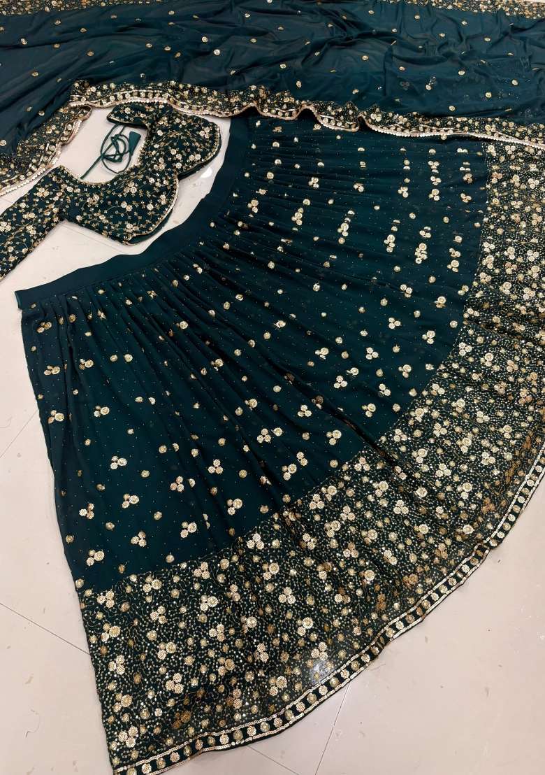 Green Embroidery Georgette Lehenga Set for Diwali and Festive Wear - Indya