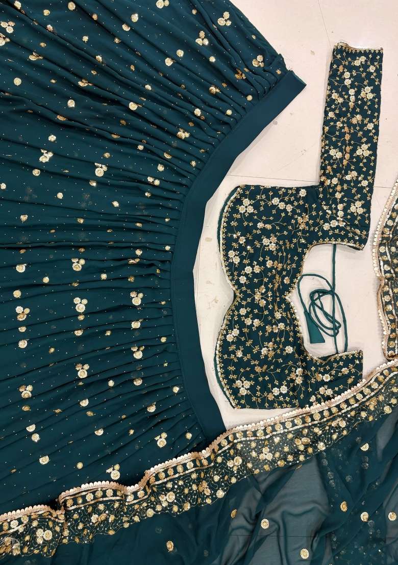 Green Embroidery Georgette Lehenga Set for Diwali and Festive Wear - Indya