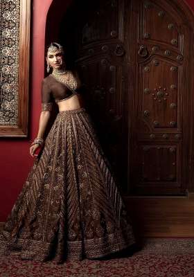 Brown Embroidery Silk Lehenga Set