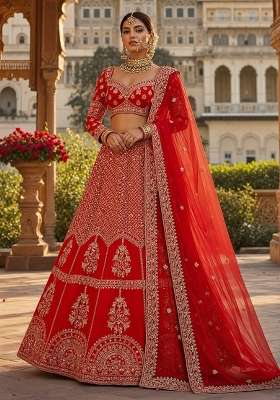 Red Embroidery Silk Lehenga Set