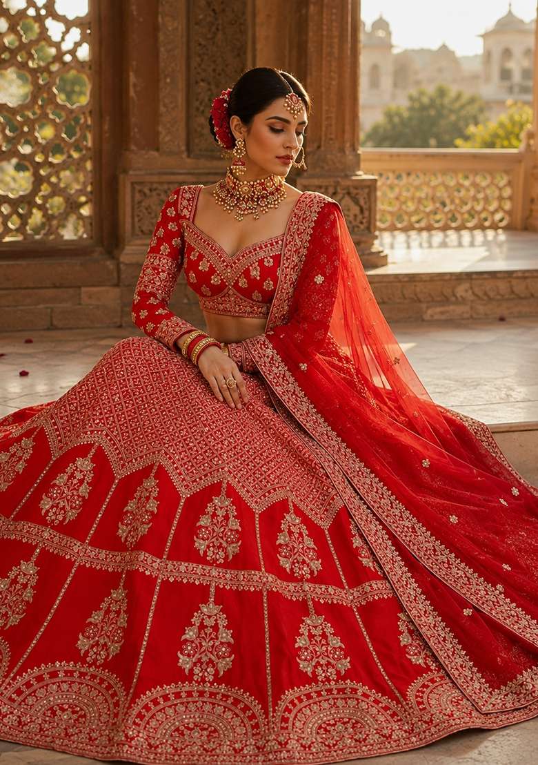 Red Embroidery Silk Lehenga Set - Indya