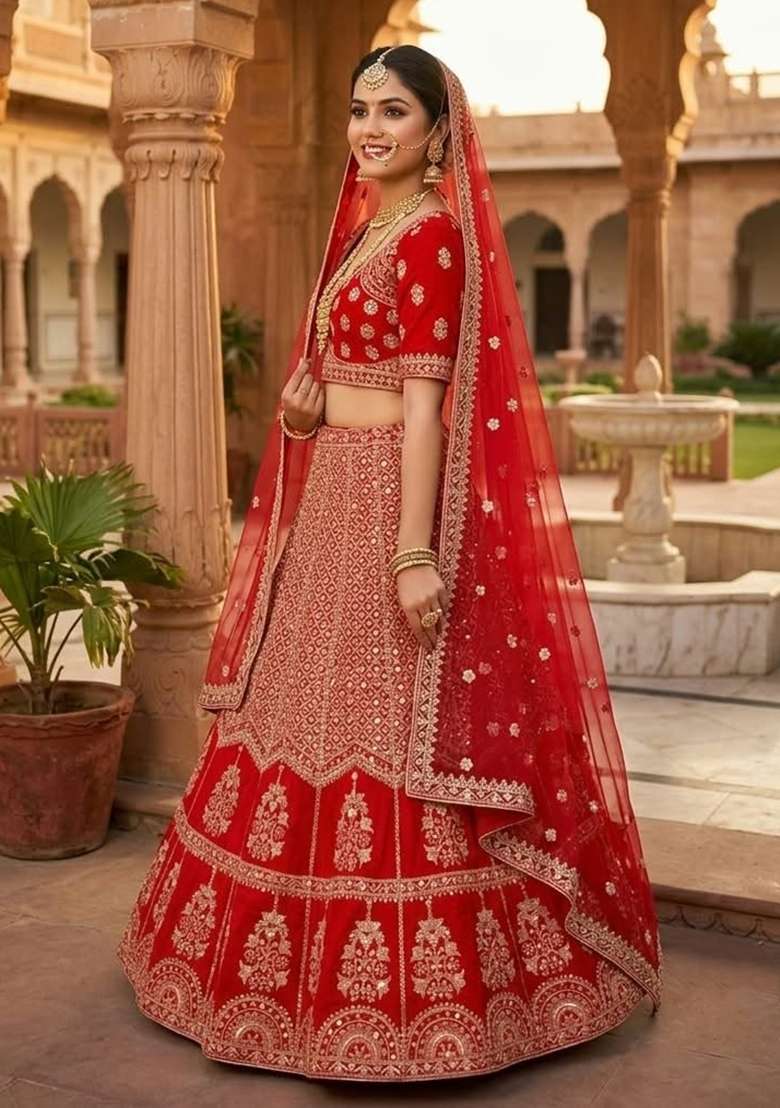 Red Embroidery Silk Lehenga Set - Indya