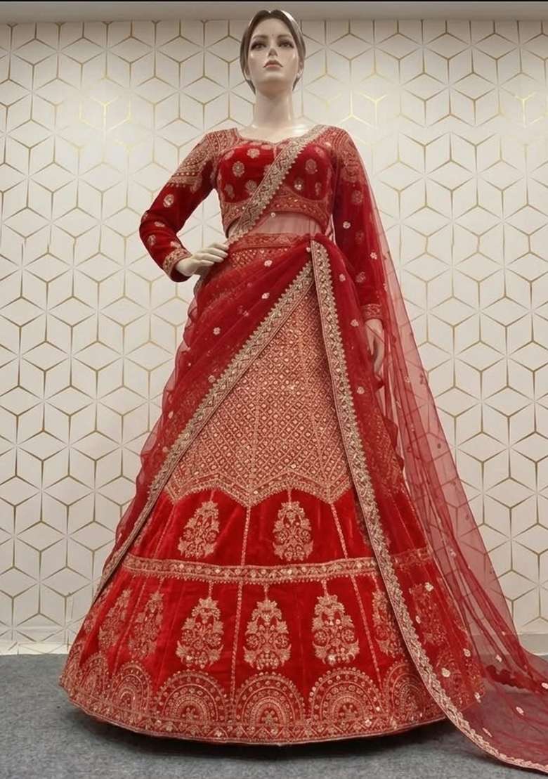 Red Embroidery Silk Lehenga Set - Indya