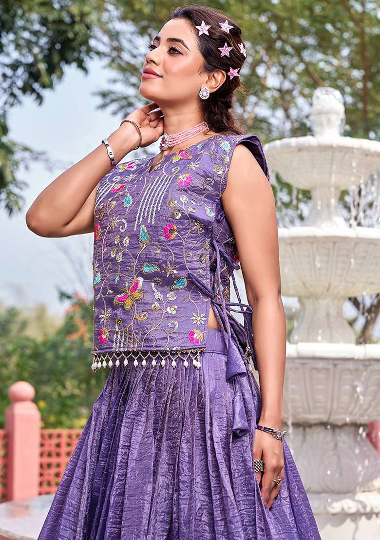 Purple Embroidery Gold Crush Navratri Lehenga Set - Indya