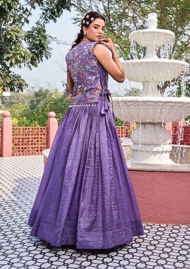 Purple Embroidery Gold Crush Navratri Lehenga Set for Diwali and Festive Wear - Indya