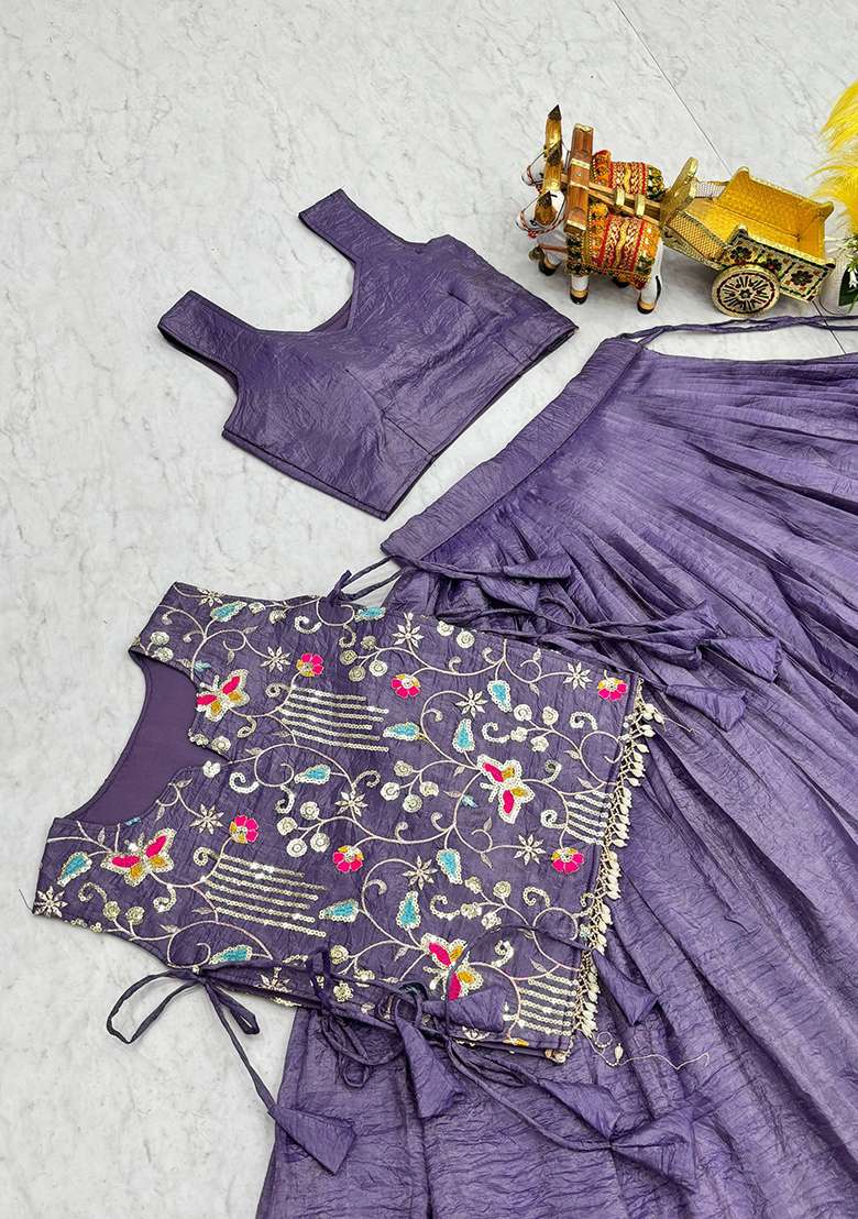 Purple Embroidery Gold Crush Navratri Lehenga Set - Indya