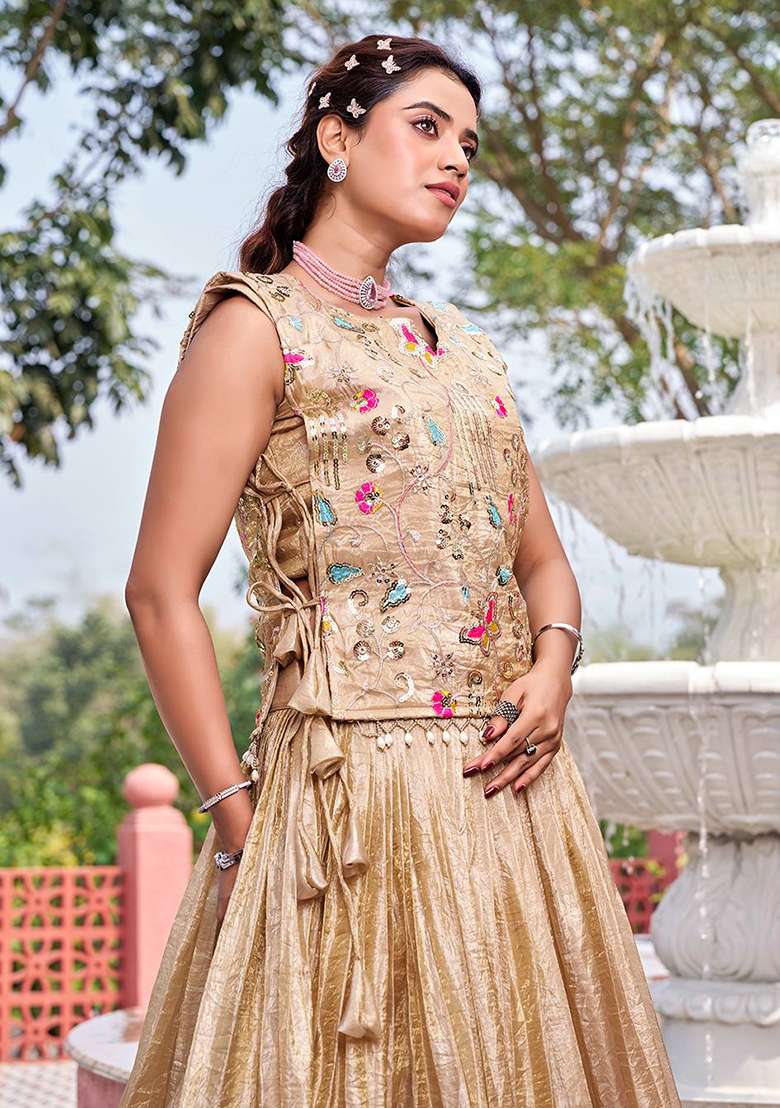 Cream Embroidery Gold Crush Navratri Lehenga Set - Indya