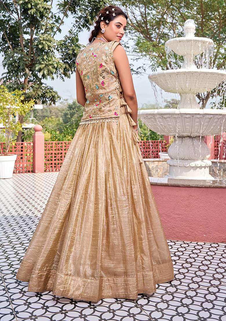 Cream Embroidery Gold Crush Navratri Lehenga Set for Diwali and Festive Wear - Indya