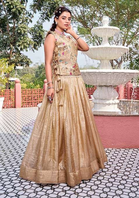 Cream Embroidery Gold Crush Navratri Lehenga Set for Diwali and Festive Wear