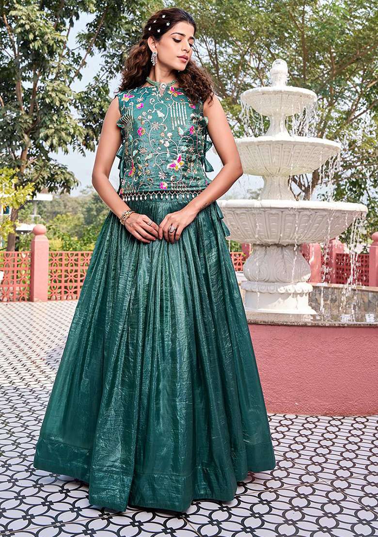 Pista Gold Crush Navratri Lehenga Set with Embroidery for Diwali | Wedding & Festive Wear - Indya