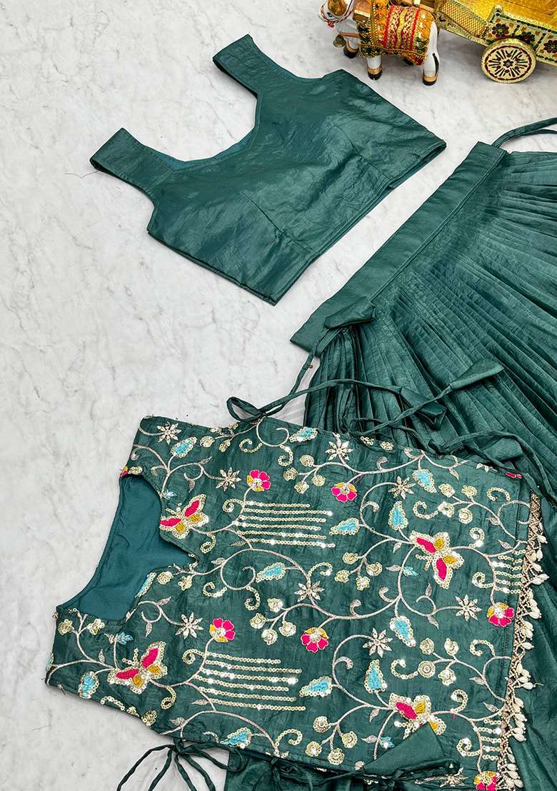 Pista Gold Crush Navratri Lehenga Set with Embroidery for Diwali | Wedding & Festive Wear - Indya