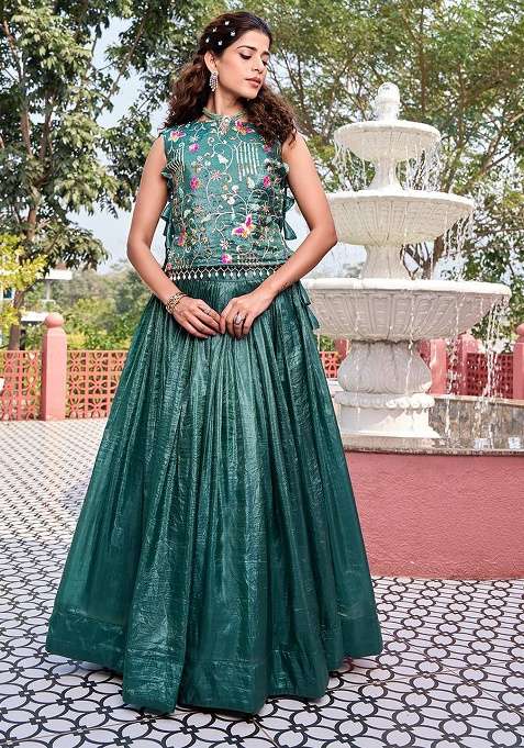 Pista Gold Crush Navratri Lehenga Set with Embroidery for Diwali | Wedding & Festive Wear