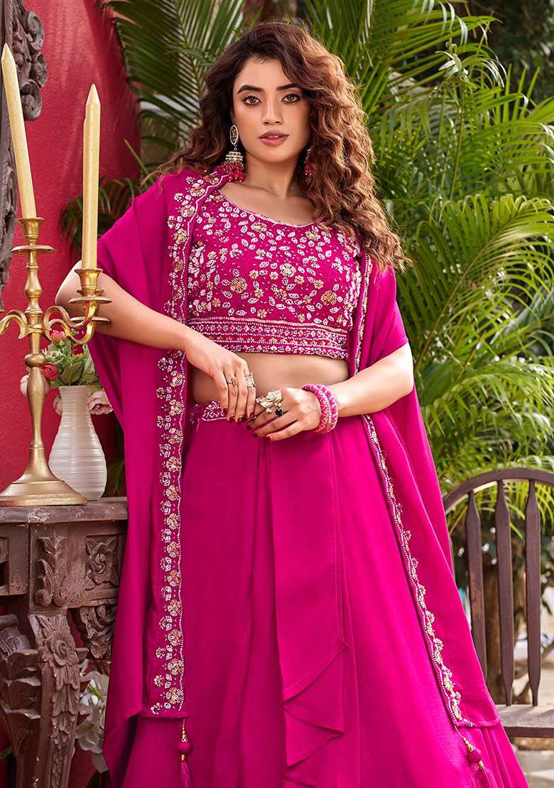Pink Embroidery Silk Navratri Lehenga Set - Indya