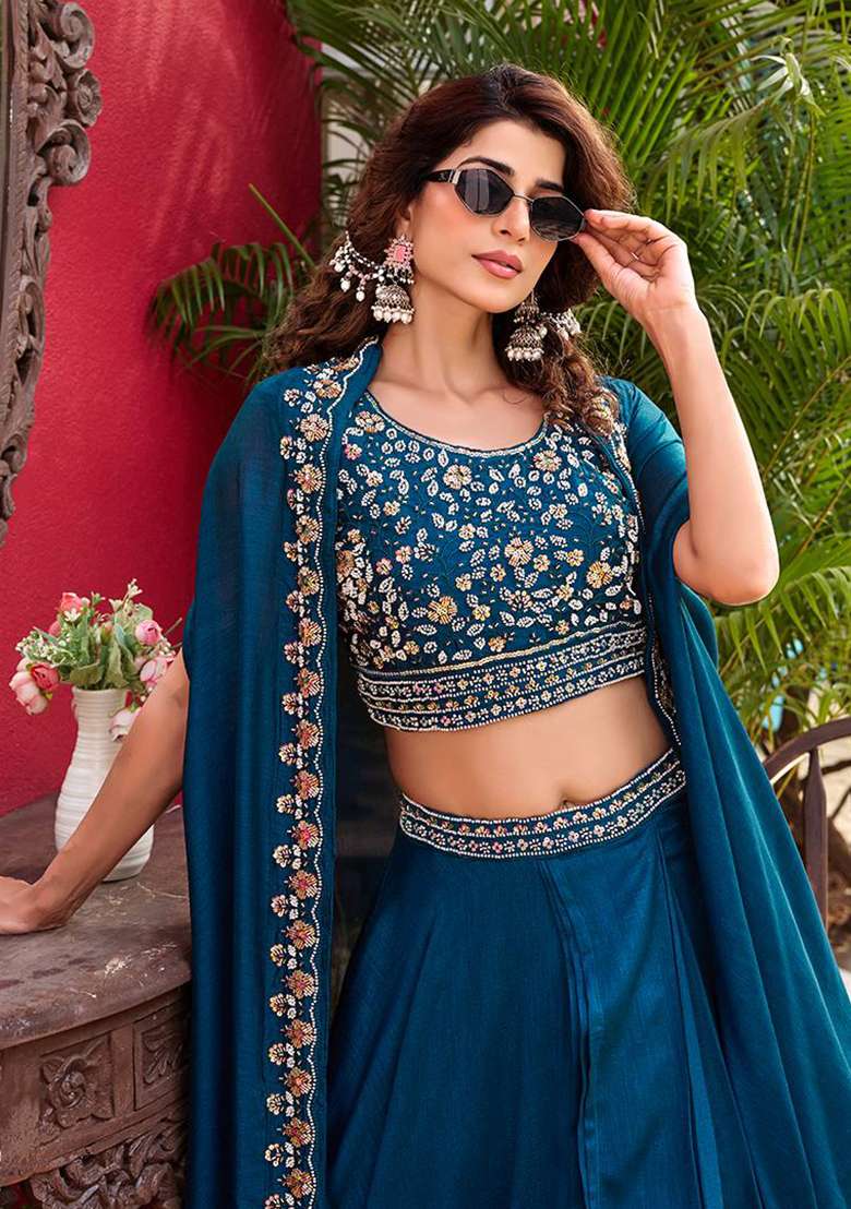 Rama Embroidery Silk Navratri Lehenga Set - Indya
