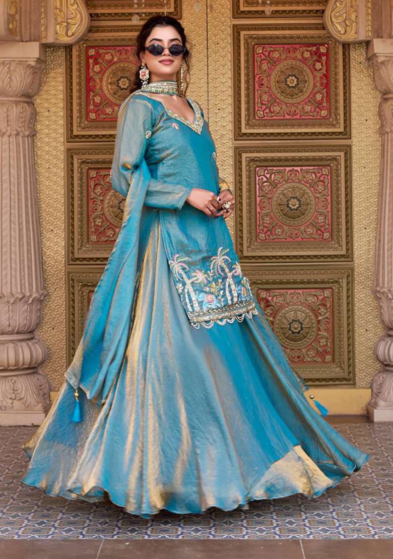 Sky Blue Embroidery Fendi Navratri Lehenga Set for Diwali and Festive Wear - Indya