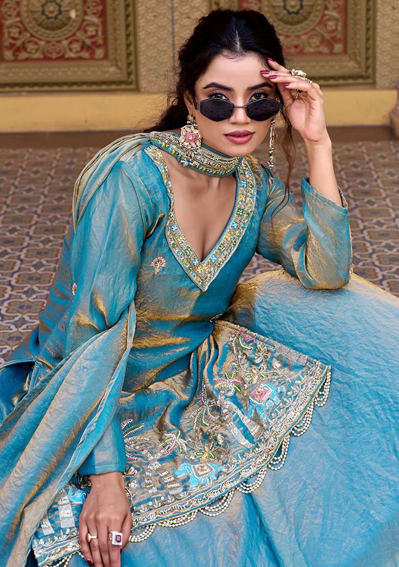 Sky Blue Embroidery Fendi Navratri Lehenga Set for Diwali and Festive Wear - Indya