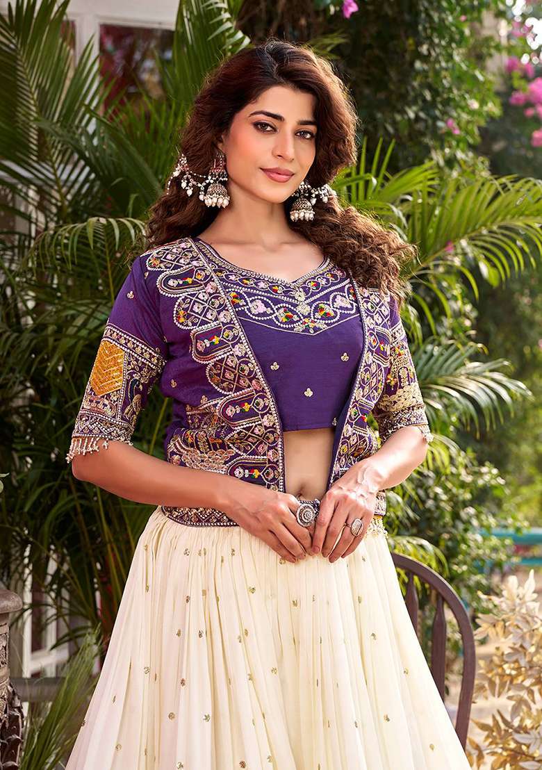 Blue Embroidery Silk Navratri Lehenga Set - Indya