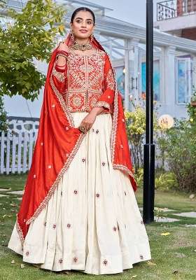 Orange Silk Navratri Lehenga Set with Embroidery for Diwali | Wedding & Festive Wear