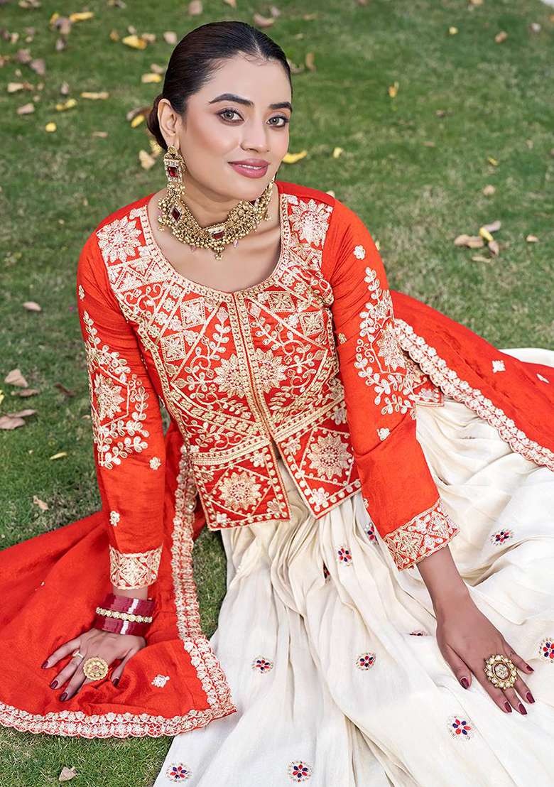 Orange Embroidery Silk Navratri Lehenga Set - Indya