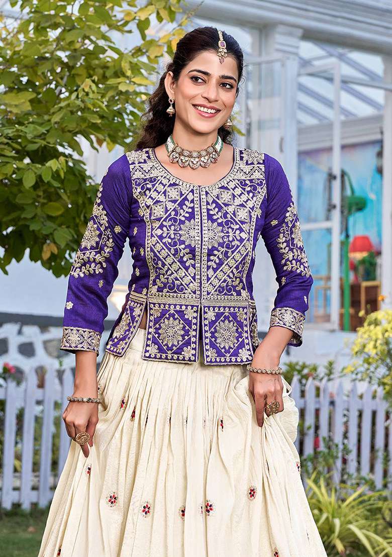 Blue Embroidery Silk Navratri Lehenga Set - Indya