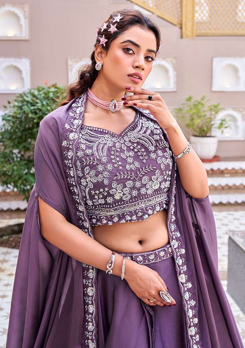 Purple Embroidery Silk Navratri Lehenga Set - Indya
