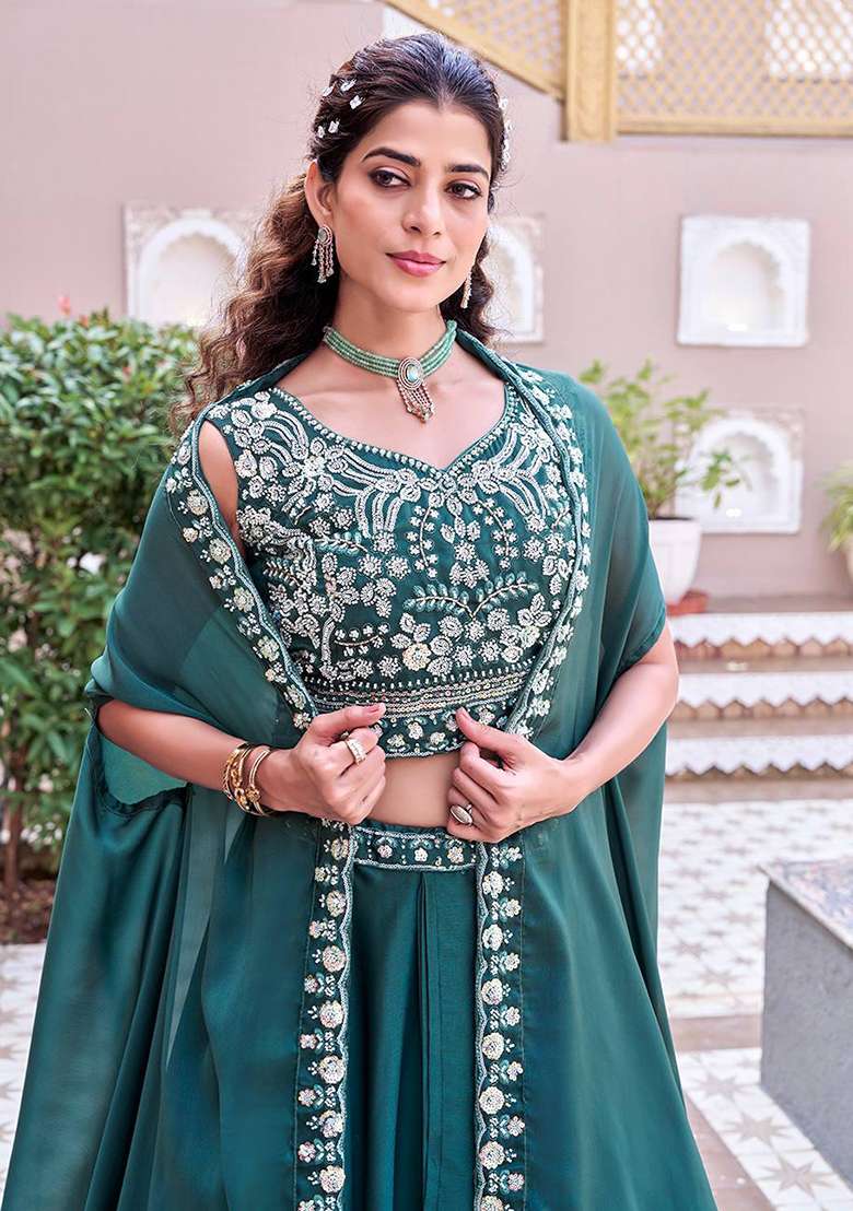 Rama Embroidery Silk Navratri Lehenga Set - Indya