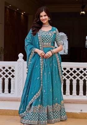 Sky Blue Embroidery Crunchy Navratri Lehenga Set for Diwali and Festive Wear