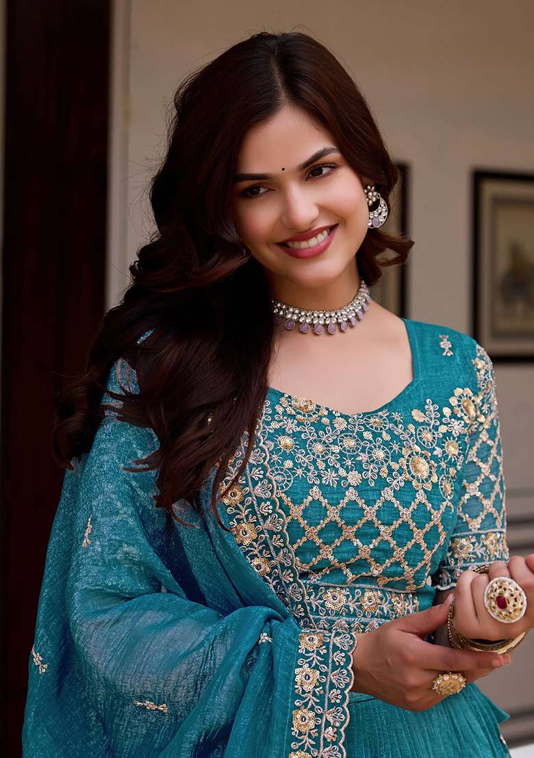 Sky Blue Embroidery Crunchy Navratri Lehenga Set - Indya
