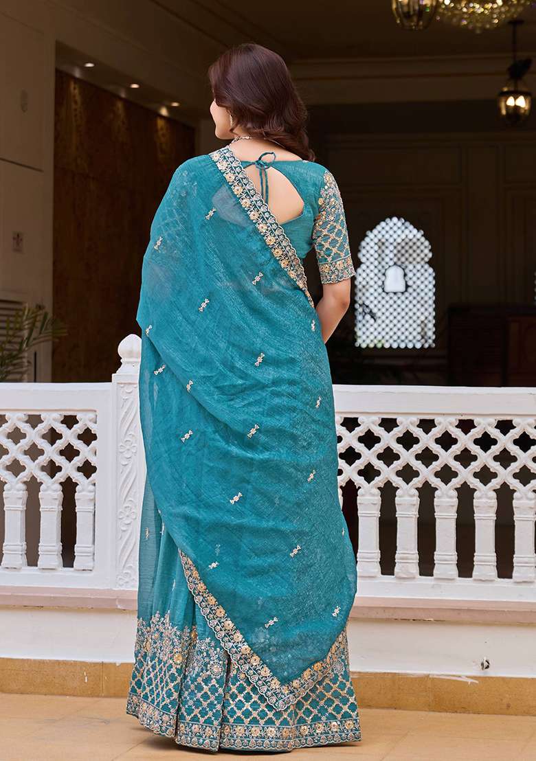 Sky Blue Embroidery Crunchy Navratri Lehenga Set for Diwali and Festive Wear - Indya