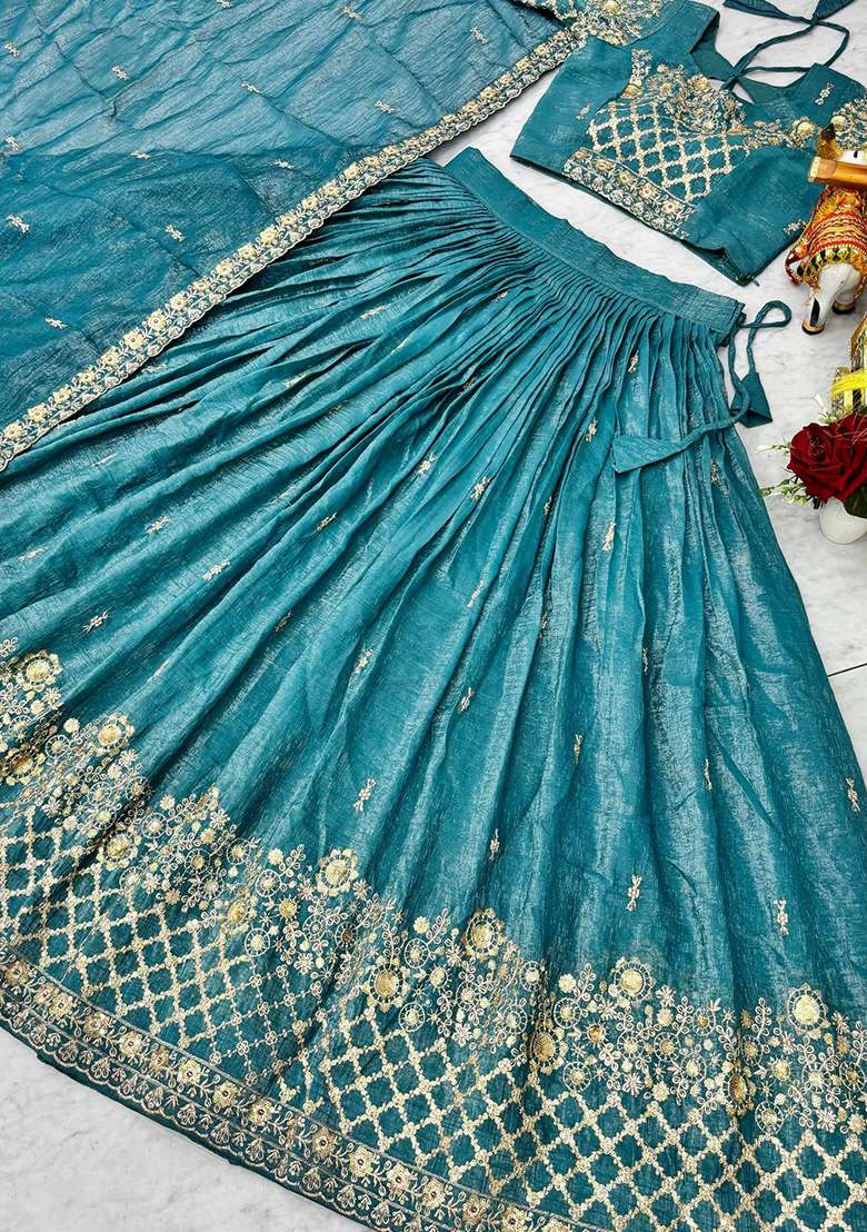 Sky Blue Embroidery Crunchy Navratri Lehenga Set - Indya