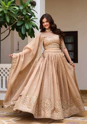 Cream Crunchy Navratri Lehenga Set with Embroidery for Diwali | Wedding & Festive Wear
