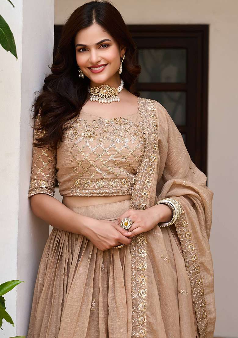 Cream Embroidery Crunchy Navratri Lehenga Set - Indya
