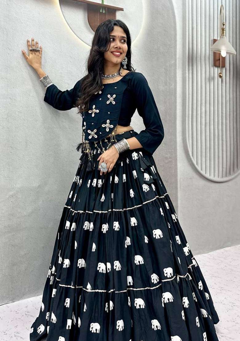 Black Embroidery Cotton Navratri Lehenga Set - Indya