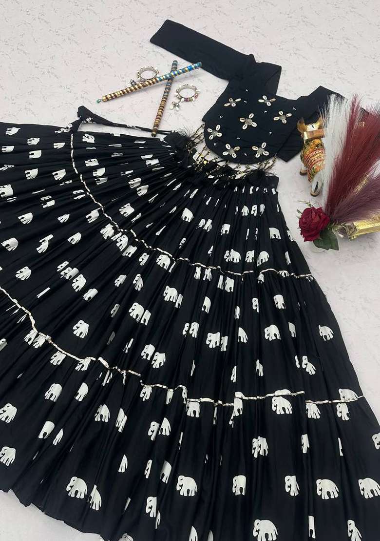 Black Embroidery Cotton Navratri Lehenga Set - Indya