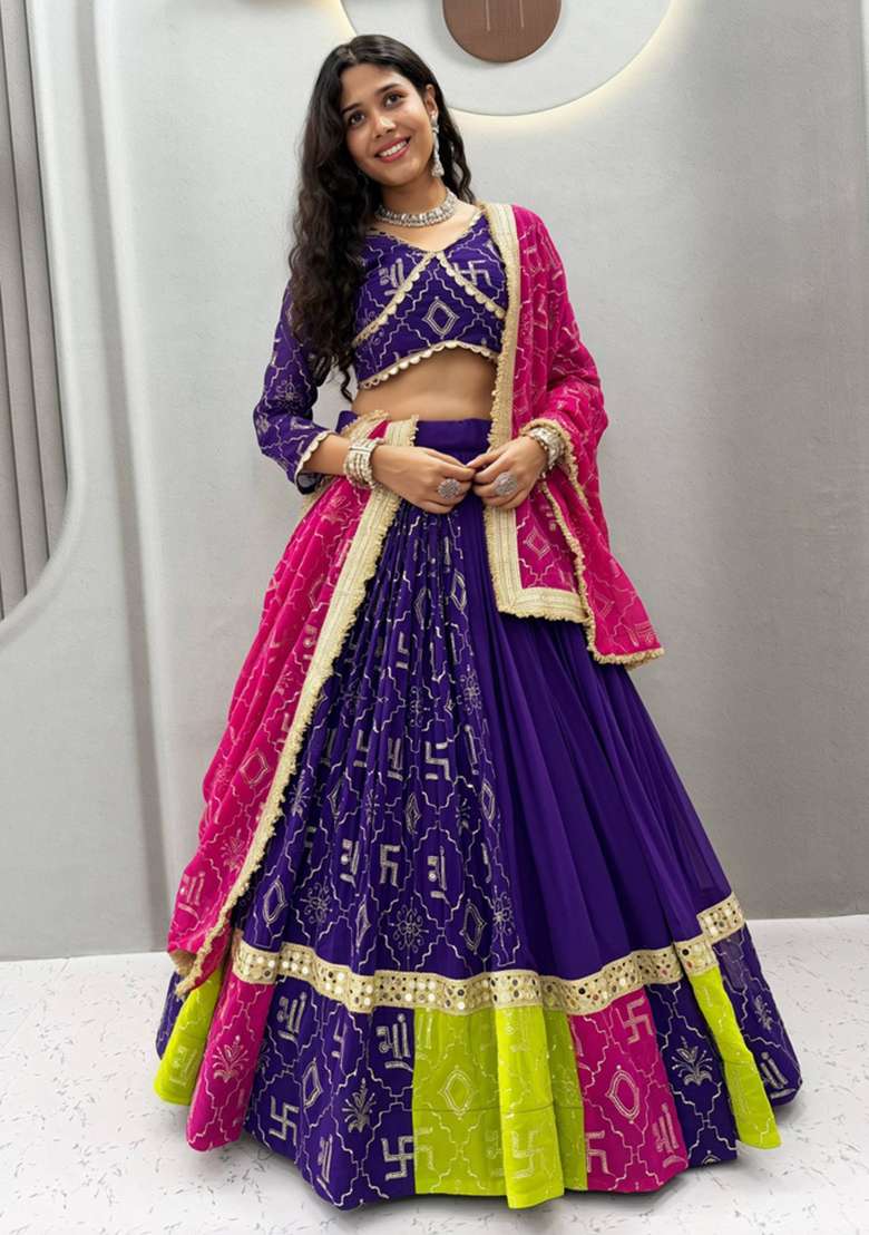 Blue Embroidery Georgette Navratri Lehenga Set - Indya
