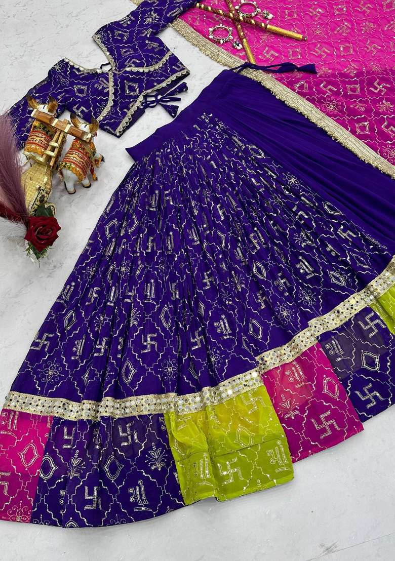 Blue Embroidery Georgette Navratri Lehenga Set - Indya