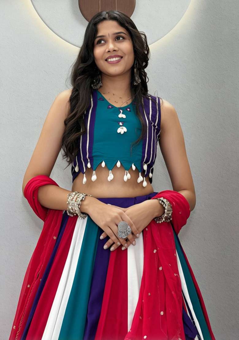 Multicolor Embroidery Cotton Navratri Lehenga Set - Indya