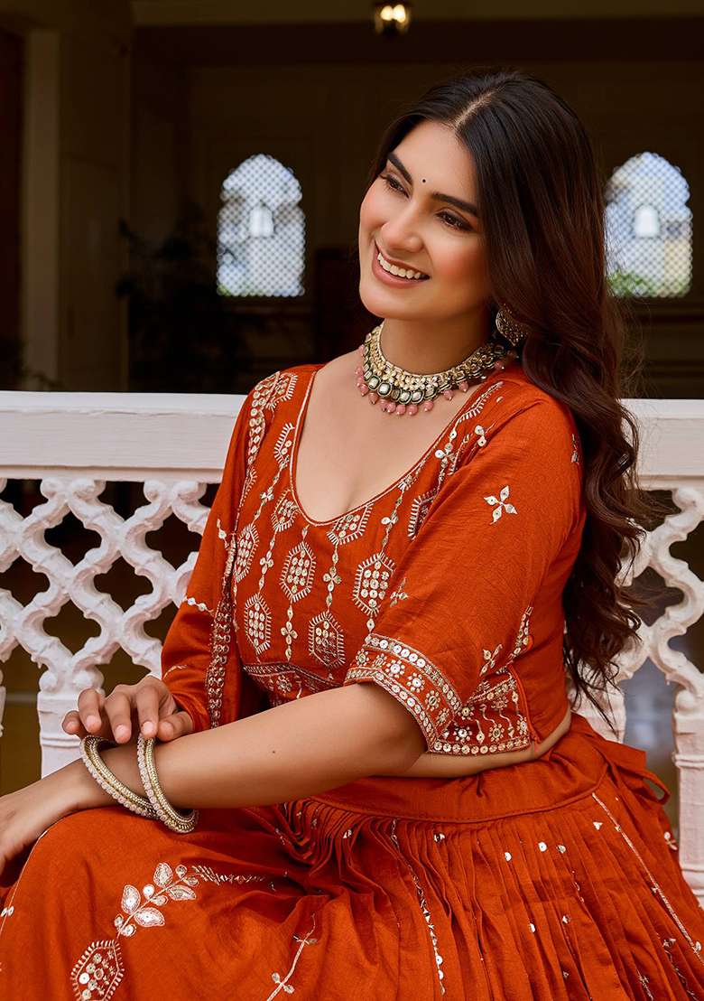Orange Embroidery Silk Navratri Lehenga Set - Indya