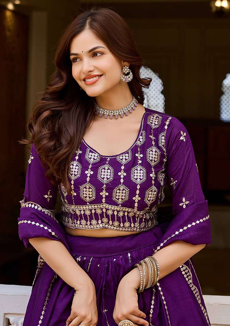 Purple Embroidery Silk Navratri Lehenga Set - Indya