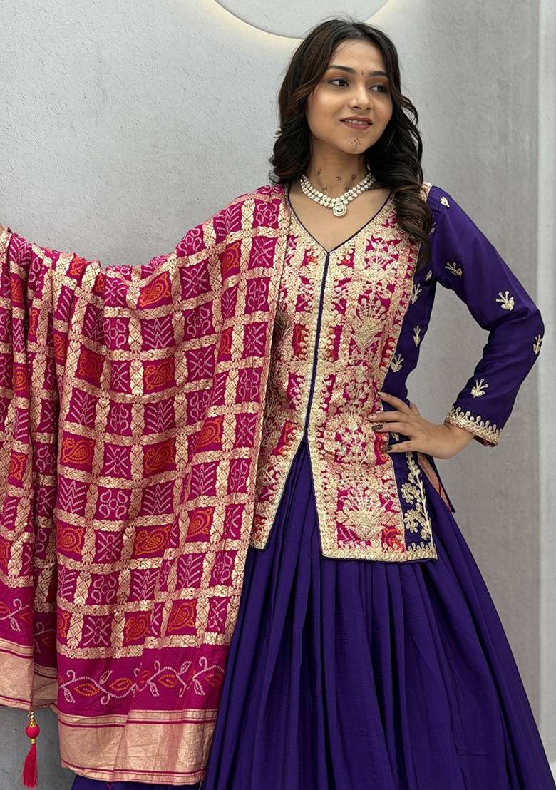 Blue Embroidery Chinon Navratri Lehenga Set - Indya