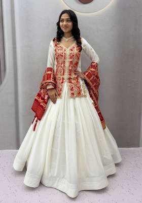 White Chinon Navratri Lehenga Set with Embroidery for Diwali | Wedding & Festive Wear