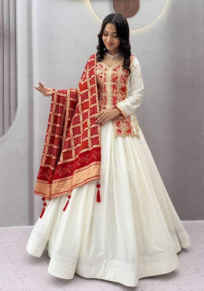 White Embroidery Chinon Navratri Lehenga Set - Indya