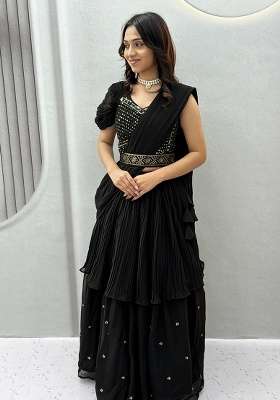 Black Navratri Georgette Lehenga Set with Embroidery for Diwali | Wedding & Festive Wear