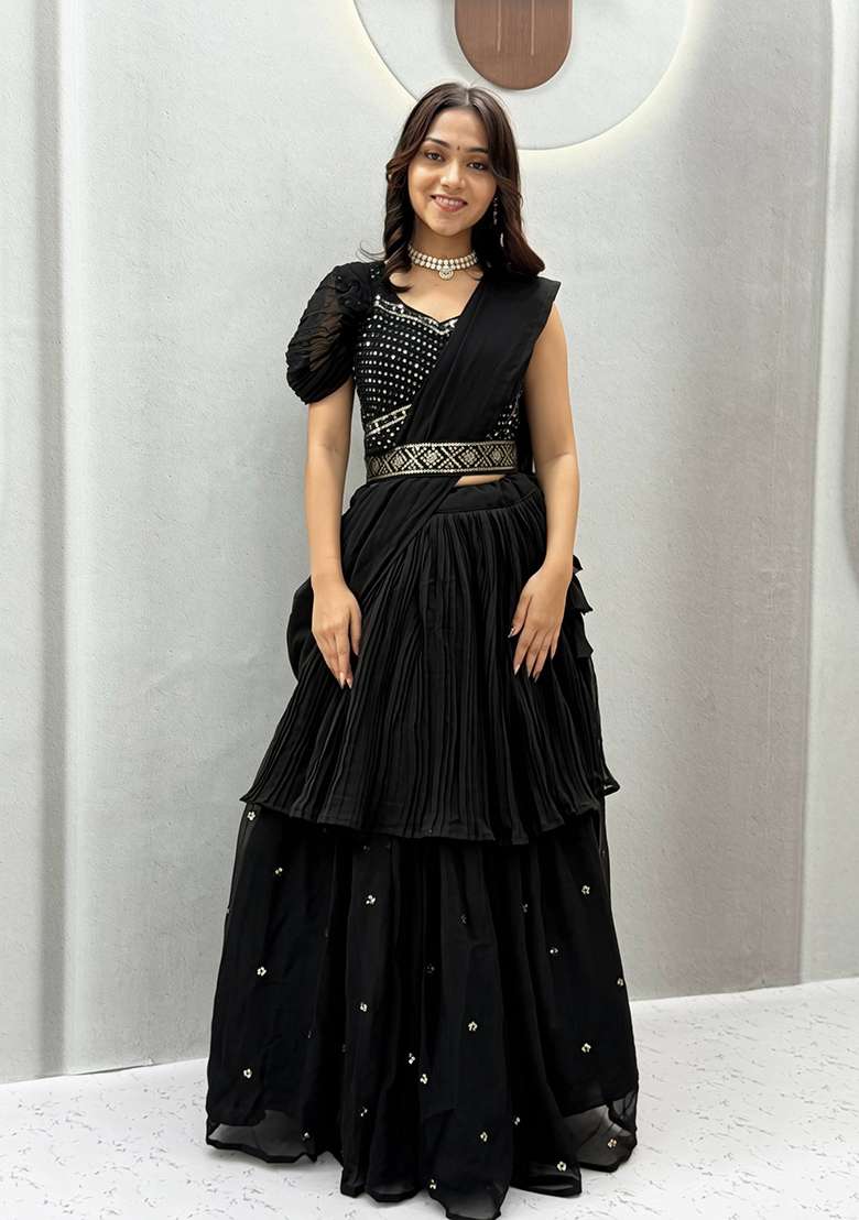 Black Embroidery Georgette Navratri Lehenga Set - Indya